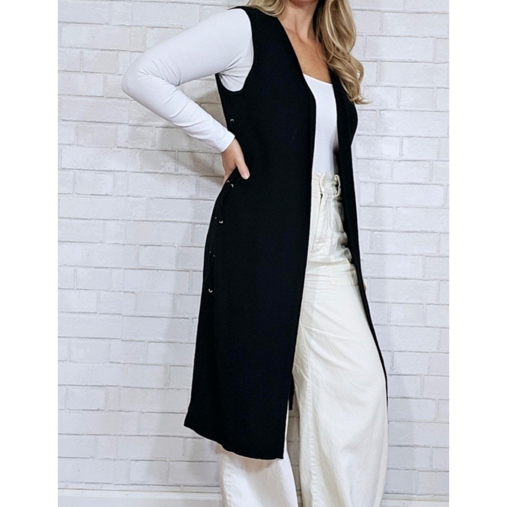 Tahari Sleeveless Open front Lace up sides Duster Black Size M